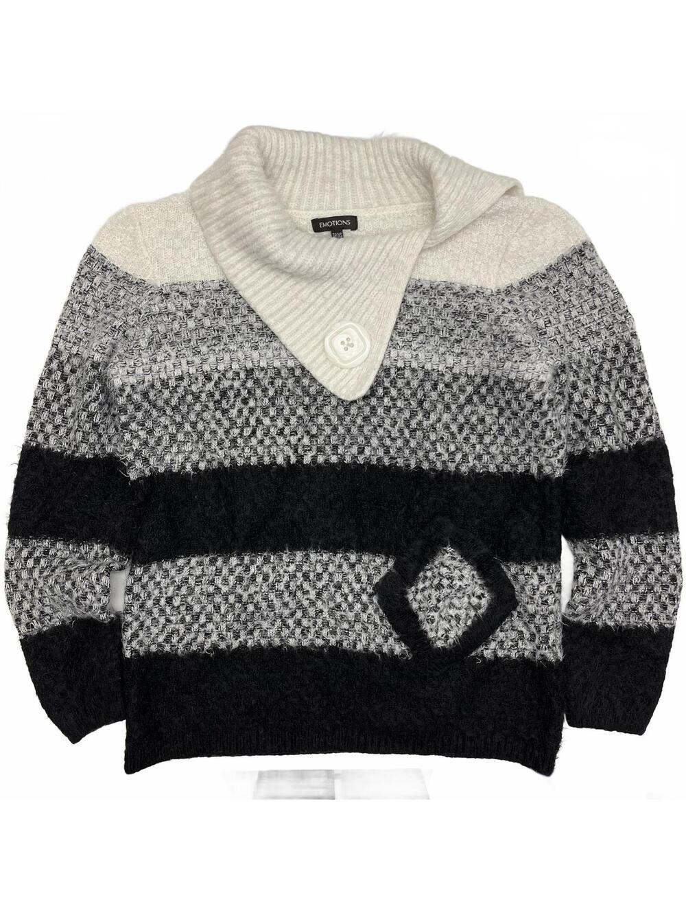 Emotions Black White Cowl Neck Textured Knit Sweater Large Button Accents Sz Xs